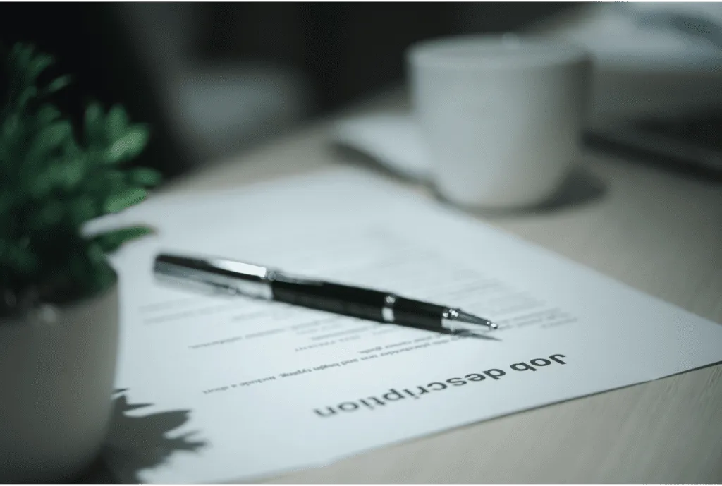 A blurred resume on a dark desk with a pen on top, suggesting a recently reviewed job application in an office setting.
