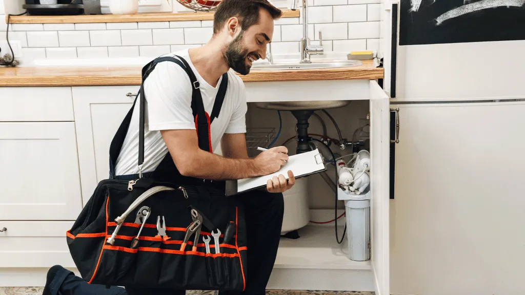 Image of plumber man with equipment and clipboard working in apartment