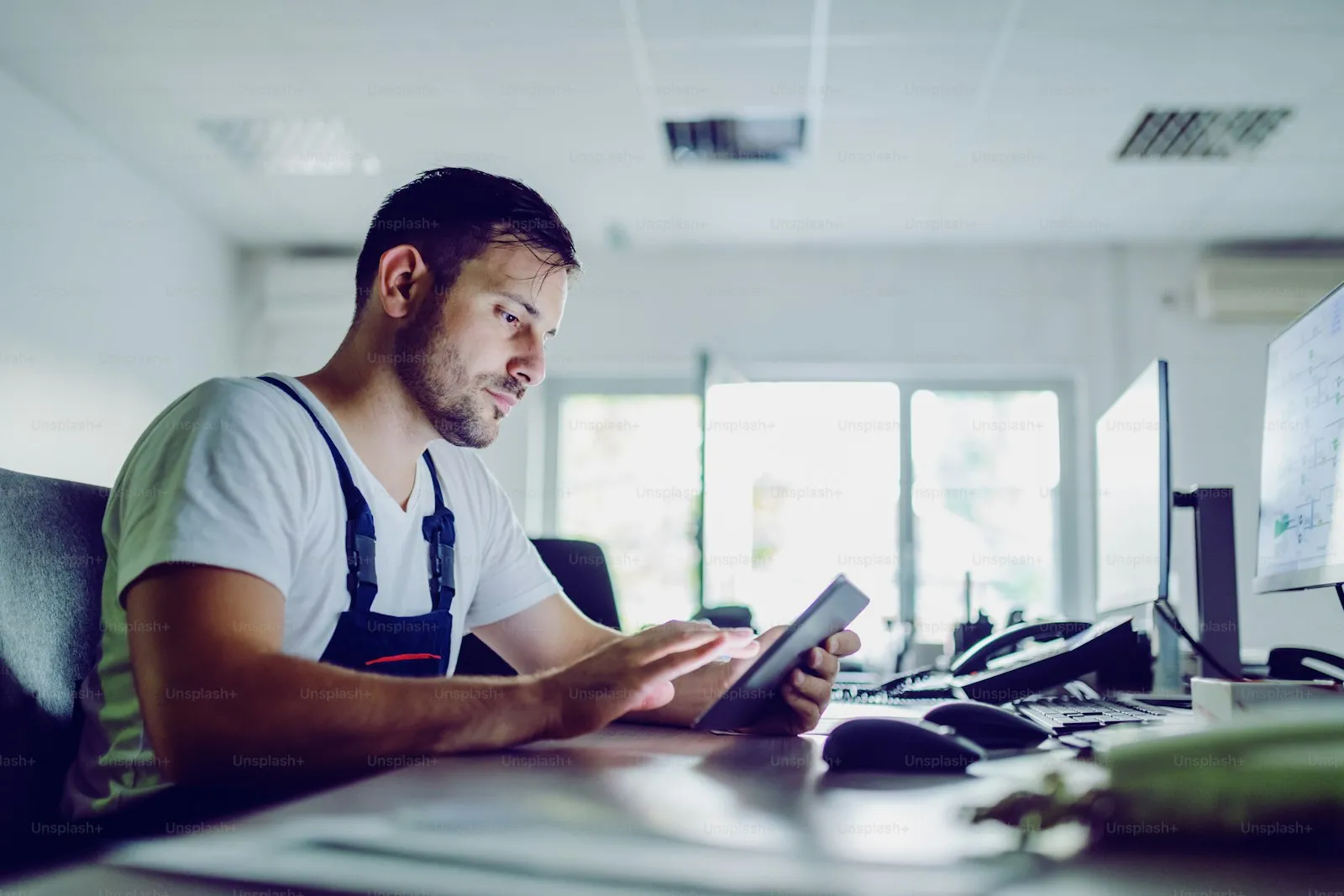 Young man in an office working on a tablet, surrounded by computers and office supplies.