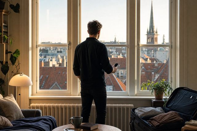 A man at the window of an apartment overseas, looking out over tiled rooftops while he waits for a decision